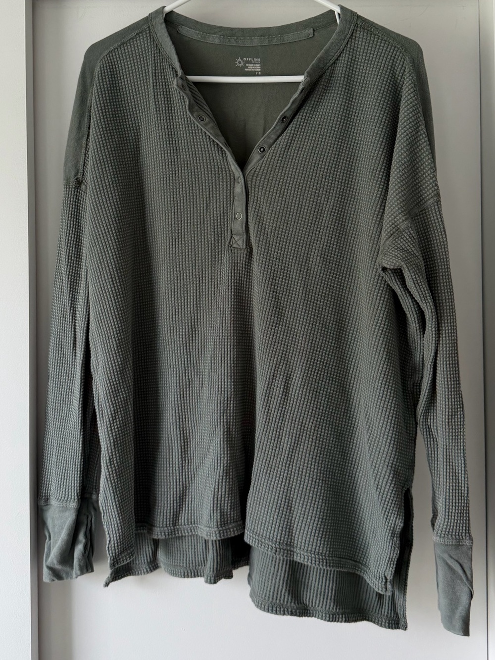aerie Waffle Henley Long Sleeve Top in Gray